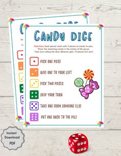 a printable candy dice game is shown with the instructions to play it and how to use