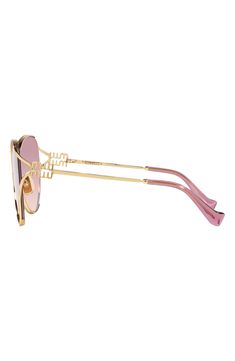 Polished metal frames add a glamorous vibe to Italian-made sunglasses with gradient lenses and signature logo hardware at the temples. 58mm lens width; 20mm bridge width; 125mm temple length 100% UV protection Adjustable nonslip nose pads Metal Made in Italy Miu Miu Gold Sunglasses With Tinted Lenses, Miu Miu Gold Tinted Sunglasses, Miu Miu Sunglasses With Gradient Lenses For Formal Occasions, Miu Miu Elegant Gold Sunglasses, Elegant Gold Miu Miu Sunglasses, Metal Frames, Signature Logo, Gold Rose, Miu Miu