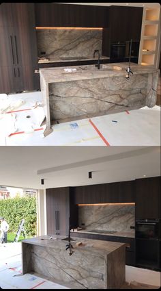 two pictures of a kitchen being remodeled with granite counter tops and cabinets in the background