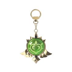 a metal keychain with a green heart on it's center and two large leaves in the middle