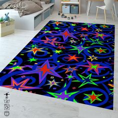 a colorful rug with stars on it in a room