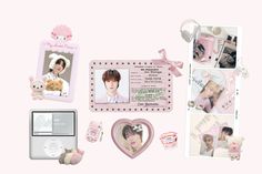 an assortment of personal items are arranged on a pink background, including a teddy bear