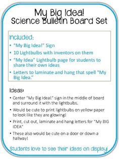 a blue and white poster with the words,'my big idea science bulletin board set '