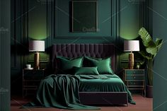 a bed with green sheets and pillows in a dark room, next to two lamps