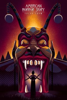 an american horror story poster with a demon's head and fangs on the front