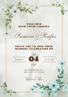 a wedding card with flowers and leaves on it