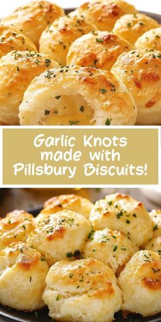 garlic knots made with pillsbury biscuits in a pan and on a plate next to the words garlic knots made with pillsbury biscuits