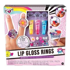 Little ones can get creative with their own jewelry ideas using this lip gloss ring kit. Fill the ring with the included lip gloss and decorate it using an assortment of gem embellishments for a flashy finish. Kids Lip Gloss Ring, Cute Lip Gloss, Arts And Crafts Kits, Strawberry Candy, Fashion Angels, Lip Gloss Colors, Art & Craft Kit, Lip Gloss Set, Three Rings