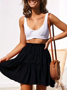 Lasaky - Ruffle Trim Drawstring Skirt: A Chic and Fashionable Addition to Womens Casual Spring and Summer Wardrobe Vintage Pleated Skirt, Short Pollera, Mini Skater Skirt, Mini Skirt Dress, Ruffle Mini Skirt, Beach Skirt, Half Skirt, Black High Waist, Casual Design