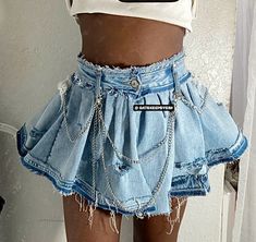 custom denim pleated skirt with distressing and chains. #streetwear #blackgirlfashion #denimondenim #blackgirloutfits #blackgirlshairstyles #ootdfashion Blue Jean Pleated Skirt Outfit, Custom Denim Skirts, Skirt Chain Outfit, Diy Denim Outfits, Distressed Skirt Outfits, Custom Skirt Denim, Custom Denim Skirt Outfit, Jean Pleated Skirt Outfit, Custom Denim Outfit