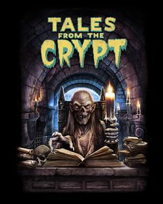 the cover to tales from the crypt, with an image of a skeleton reading a book