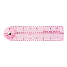 a pink plastic ruler with a metal ball on the end and measuring tape around it