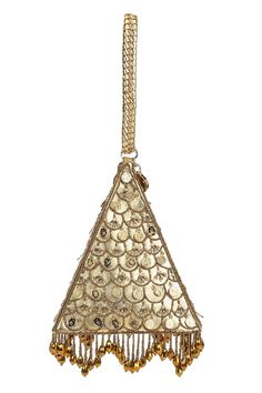 Gold triangular potli style bag embroidered with sequins and cutdana embellishments. Comes with woven handle. - Aza Fashions Designer Festive Clutch Bag, Festive Designer Clutch Bag, Festive Evening Bag With Handwork Details, Festive Evening Bag With Handwork, Festive Evening Embroidered Bags, Festive Embroidered Evening Bags, Reception Clutch Bag With Mirror Work, Embellished Clutch For Festive Festivals, Festive Embellished Clutch For Festivals