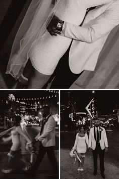 black and white photos of people dressed up in wedding attire walking down the street at night