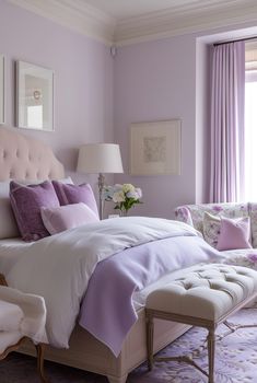 a bedroom with purple walls and white bedding