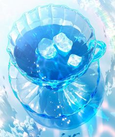 ice cubes in a glass bowl on top of water with blue sky and clouds