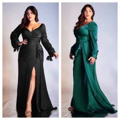 two women in long dresses, one wearing a green dress and the other wears a black gown