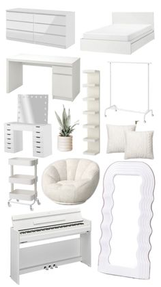 white furniture and accessories are arranged on a white background, including a bed, chair, desk, mirror, shelf, piano, plant, wall hanging