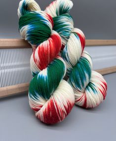 two skeins of yarn sitting next to each other on top of a table