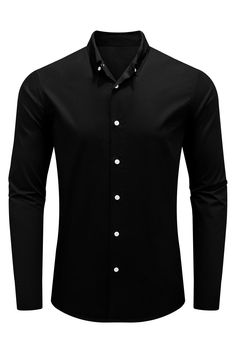 Black Plain Button-down Men’s Shirt Mens Long Sleeve Button Up Shirts, Black Shirt With Button Closure And Casual Collar, Black Slim Fit Shirt With Spread Collar, Black Cotton Collared Dress Shirt, Black Button-up Business Top, Black Slim Fit Shirt With Casual Collar, Black Button-up Top For Business, Black Business Shirt With Buttons, Black Slim Fit Cotton Dress Shirt