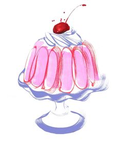 a drawing of a cake with icing and a cherry on top sitting on a plate