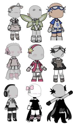 several cartoon characters with different outfits and hair styles, all wearing headphones on their ears