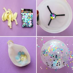 four different pictures with confetti, candy and banana peels in them on the table