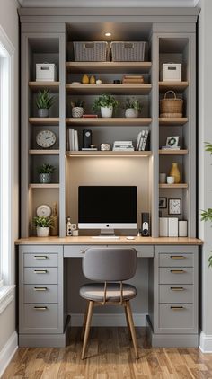 Hidden Desk Ideas Built In Desk And Shelves Office Small Spaces, Peninsula Desk With Bookcase, Office With Floating Desk, Desk With Built In Bookshelves, Nightstand Desk Combo, Small Home Office Built Ins With Desk, Small Home Office Organization Ideas, Office Nook In Bedroom, Billy Bookcase Desk