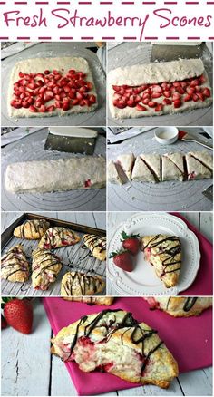 fresh strawberry scones with chocolate drizzled on top and strawberries in the middle