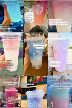 many different types of drinks are shown in this collage with the words starbucks on them