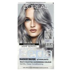 2019 Haircolors Of The YearExclusively For Light Blondes3X Highlights Gentle, Deep ConditioningOne Application Permanent Haircolor GelLevel 3 - PermanentFeria Redefines BlackL´Oreal Paris has carefully selected smokey silver as one of its 2019 haircolors of the year.Expressive Color For The VisionaryFeria is custom-blended by master colorists for the imaginative trendsetter. Formulated with multi-faceted icy silver tones for a smokey gray with shimmering undertones. Feria Multi-faceted color wit Feria Hair Color, Silver Hair Dye, Kids Box Braids, Small Box Braids, Deep Conditioning Hair, Short Box Braids, Black Ponytail Hairstyles, Silver Hair Color, Permanent Hair Dye