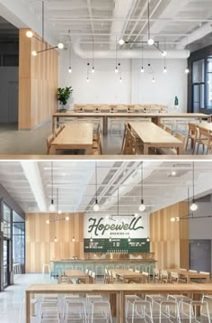 the inside of a restaurant with tables and chairs in different stages of being used as seating