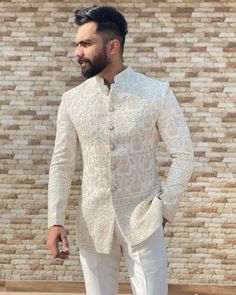 Custom Made Order For Andrea , Father Son Lucknowi Jodhpuri Suit Walima Outfit For Men, Mens Shadi Outfit, Bandgala Suit For Men, Unstitched Off White Bandhgala With Long Sleeves, Off White Unstitched Bandhgala With Long Sleeves, Off White Bandhgala With Resham Embroidery And Long Sleeves, Off-white Bandhgala With Resham Embroidery And Long Sleeves, White Fitted Salwar Kameez With Naqshi Detailing, Designer White Nehru Jacket With Dupatta