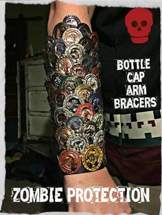 the arm is covered with many different colored buttons and has a red skull on it