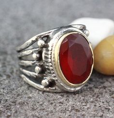 Ruby Ring, July Birthstone Ring, Sterling Silver 925 Ruby Adjustable Ring, Vintage Ruby Ring, Red Ruby Oval Gemstone Ring, Ruby Jewelry Boho ring, Boho, Bohemian Ring weight is 11,50 grams Head size is 19 mm Size is adjustable Stone is ruby it is unique handmade item yellow material is bronze grey material is silver We send orders with Free Shipping ,if you prefer you can contact with us Express Shipping All Sizes Availabes Just Tell me the size you need Each ring is handcrafted and is stamped o Vintage Ruby Ring, Star Ruby Ring, Ruby Ring Vintage, July Birthstone Ring, Ring Ruby, Bohemian Rings, Ruby Jewelry, Jewelry Boho, July Birthstone