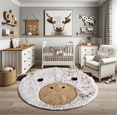 a baby's room with a cow rug on the floor and pictures above it