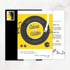 a yellow and black wedding save the date card with music notes, trebles, and an old record