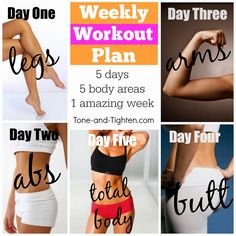 a woman's six day workout plan with the words, 5 days and four different exercises