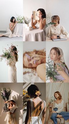 a collage of photos with women in white dresses and flowers on their heads, sitting at a table