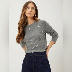 Very Very Chic With The Rhinestone Work. Casual, Grey Colored, Pullover Style Sweater. Long Regular Sleeves, Round Neck. Material - Premium Wool Blusas Crop Top, Rhinestone Sweater, Rhinestone Embroidery, Work Sweaters, Shein Sweater, Embellished Sweater, Diy Bead Embroidery, Chubby Fashion, Embellished Sweaters