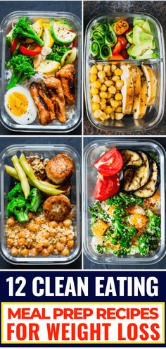 six meal prepped meals in plastic containers with the words, 12 clean eating meal prepped