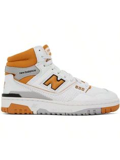 New Balance 
White & Orange 650 Sneakers 
High-top buffed leather and mesh sneakers in white and orange. Perforated detailing throughout. 
. Lace-up closure 
. Logo patch at padded tongue 
. Padded collar 
. Logo appliqué at sides 
. Logo printed at sides and heel 
. Mesh lining 
. Treaded rubber sole 
Supplier color: White/Canyon 
Upper: leather, textile. Sole: rubber. 
Made in China. 
231402F127005 
White & Orange 650 Sneakers default         Sports & Outdoor Shoes, size features are:Bust: ,Le Lace-up Basketball Shoes With Studded Outsoles For Sports, High-top Basketball Shoes With Studded Outsoles, Low-top Basketball Shoes With Studded Rubber Outsoles, Sporty Mid-top Basketball Shoes With Studded Outsoles, Sporty Lace-up Basketball Shoes With Studded Outsoles, Basketball Shoes With Studded Rubber Outsoles, Sports Basketball Shoes With Studded Outsoles, Sporty Basketball Shoes With Studded Rubber Outsoles, White Lace-up Basketball Shoes With Studded Rubber Outsoles