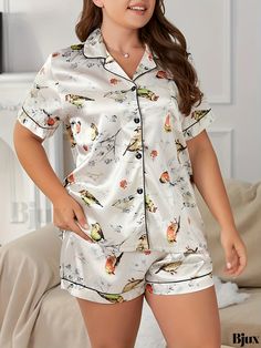 Bjux - Elegant Plus Size Pajama Set for Women - Bird Print Short Sleeve Button Up Shirt & Shorts Loungewear Ensemble Loungewear Sets With Short Sleeves And Button Closure, Short Sleeve Loungewear Sets With Button Closure, White Buttoned Sets For Loungewear, White Buttoned Loungewear Sets, White Buttoned Sleepwear For Pajama Party, White Short Sleeve Buttoned Sleepwear, White Button Closure Sleepwear For Loungewear, White Button Closure Sleepwear For Lounging, White Buttoned Sleepwear For Sleepover