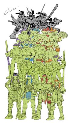 an image of teenage mutant ninjas with swords and helmets on their heads, all lined up in a pyramid