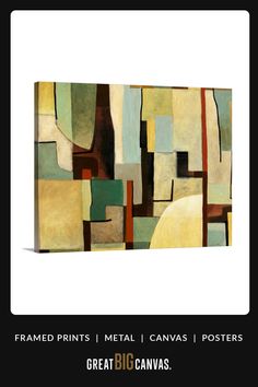 an abstract painting with different colors and shapes on the canvas, framed in black frame