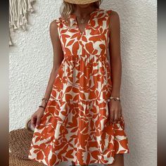 Brand New Orange Red Plant Print High Dress, Casual V Neck Sleeveless Dress Mini Dress Summer Casual, Boho Beach Dress, Chic Vibes, Summer Fashion Beach, Cotton Blends Dress, Ruffle Hem Dress, Mini Dresses Summer, Sleeveless Mini Dress, Bohemian Dress