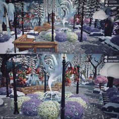 there are two pictures of a park with benches and flowers in the snow, one is empty