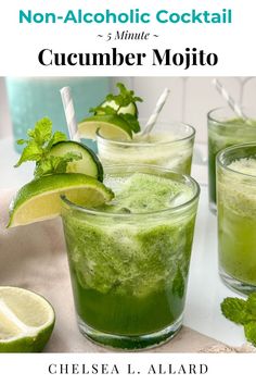 three glasses filled with cucumber mojito on top of a table