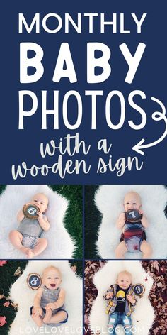 Four monthly baby photos with a baby boy and a wooden sign. Wooden Numbers