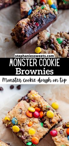 monster cookie brownies with m & m candies on top and chocolate chip cookies in the middle